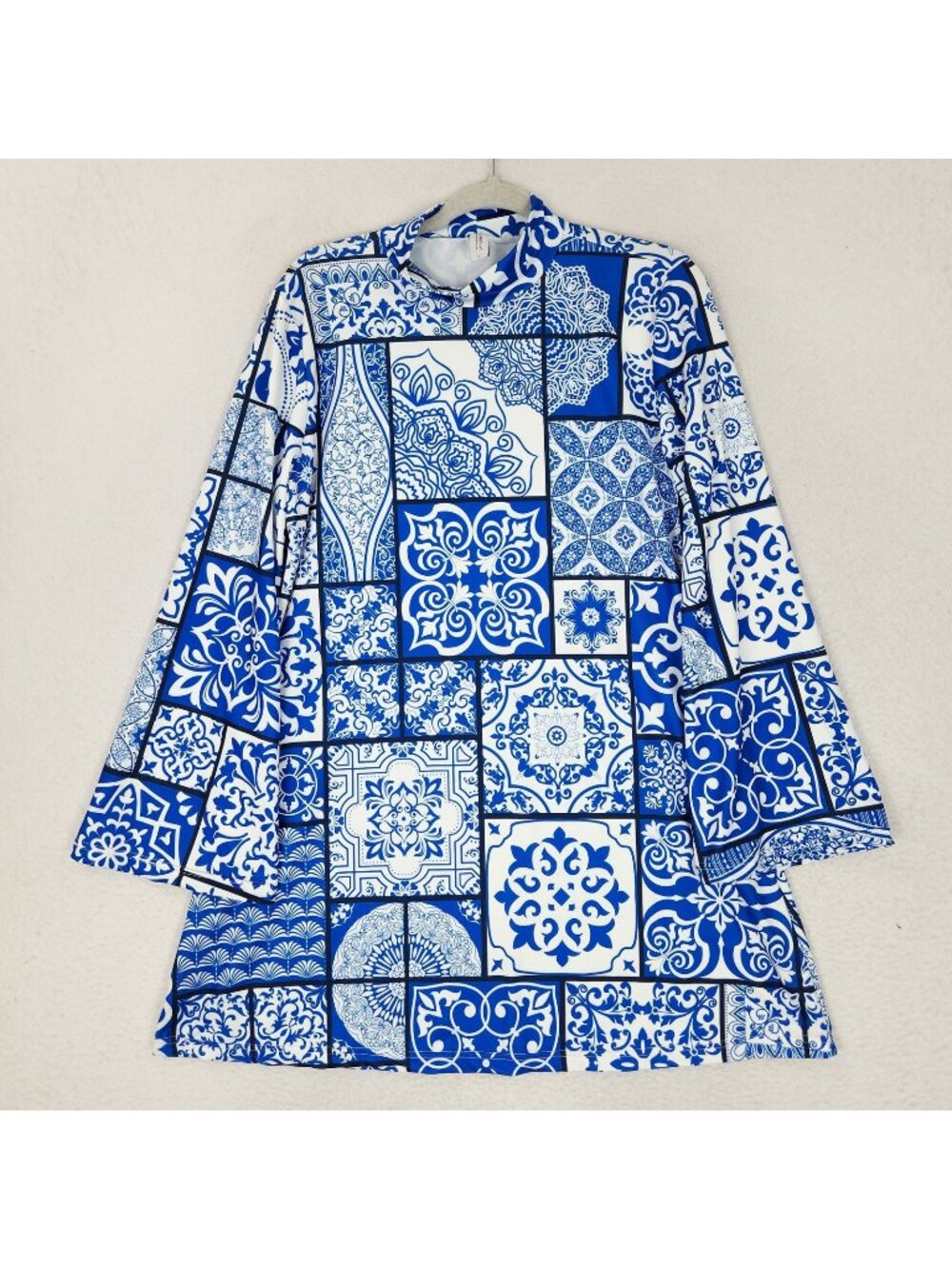Marina Swim Cover Up Womens Large Blue Tile Print Long Sleeve Beach Tunic Dress